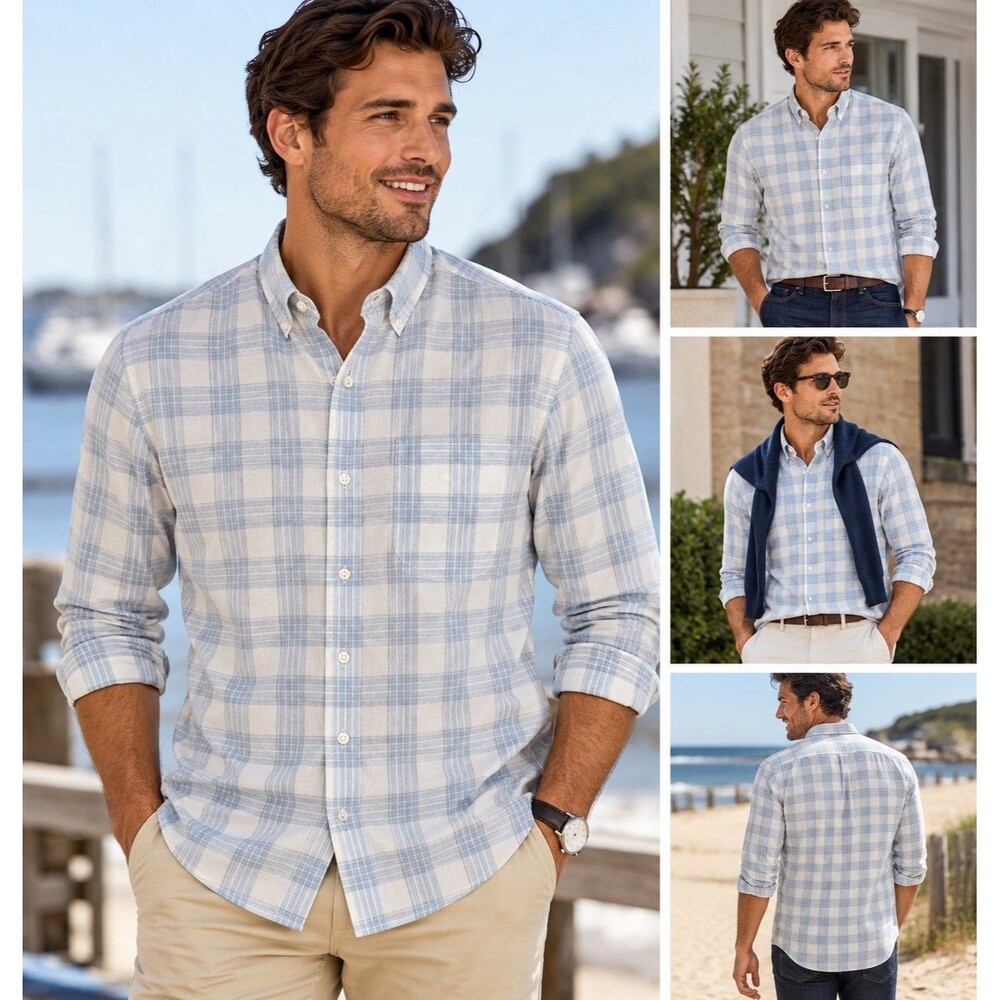 Bonobos Men L Slim Fit Blue White Plaid 100% Cotton Button Down Shirt Preppy